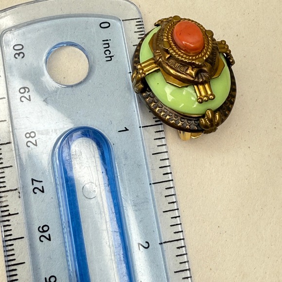 Patrice Earrings Clip On Green Coral Cabochon Gold Tone Statement Jewelry - Picture 11 of 11